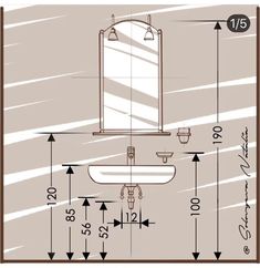 a drawing of a sink and mirror with measurements for the height, width, and length