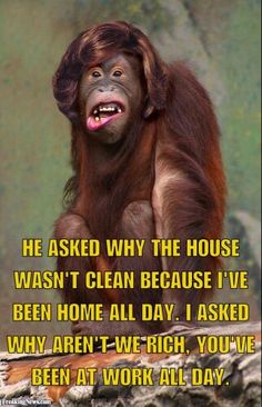 an orangutan sitting on top of a tree trunk with the caption he asked why the house was clean because i've been home all day