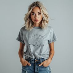 Heather Grey Crew Neck Top With Screen Print, Heather Grey Relaxed Fit Top With Screen Print, Heather Grey Crew Neck Top With Text Print, Trendy Heather Grey Crew Neck T-shirt, Stock Photos Woman, T Shirt Mockup, Tshirt Mockup, Shirt Mockup, Design Software