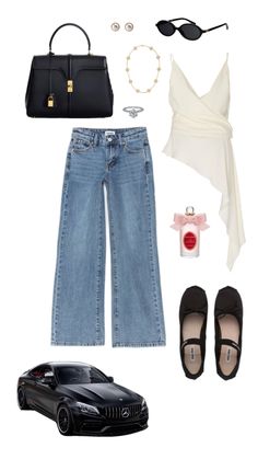 a woman's outfit and accessories including jeans, heels, handbag and purse