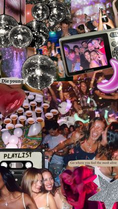 a collage of photos with people and disco balls