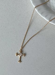 Necklace   Princess Polly Lower Impact     90% reclaimed brass 10% zircon  Dainty gold-toned chain  Cross drop charm  Diamante detailing  Lobster clip fastening  Length adjusts from: 41cm - 46cm / 16.1in - 18.1in Gold Cross Aesthetic, Aesthetic Cross Necklace, Gold Cross Necklace Aesthetic, Cute Cross Necklace, Cross Necklace Aesthetic, Jewelry Photography Tutorial, Necklaces Cross, Necklace Princess, Cross Necklace Gold