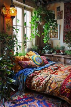 a bed covered in lots of plants next to a window with potted plants on it