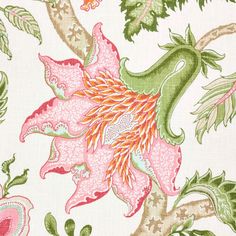 a pink and green floral print on white fabric with leaves, flowers, and vines