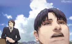 two anime characters standing next to each other with clouds in the sky behind their heads