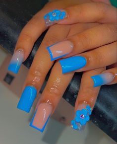 Simple Nail Sets, Nails Suggestions, Blue And Purple Nails, Pink Tip Nails, Blue Acrylic Nails, Baddie Nails