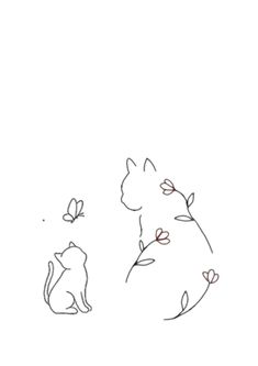 two cats sitting next to each other on top of a white surface with flowers and leaves