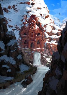 a painting of a building in the middle of a snowy mountain range with a waterfall coming out of it