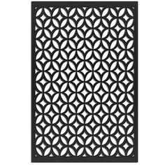 an intricate metal screen with circles on the side and circular holes at the top, in black