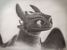 a black and white drawing of a small dragon with big eyes on it's head