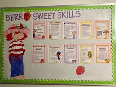 a bulletin board that has been decorated with pictures and information about the different skills needed to learn