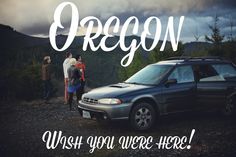 a group of people standing next to a car with the words oregon written on it