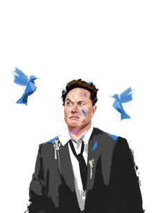 a painting of a man in a suit and tie with birds on his head behind him