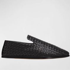 Bottega Veneta Men's Intrecciato Leather Slippers Size 40 Eu Brand New Bottega Veneta Slippers In Signature Woven Intrecciato Leather Flat Heel Round Toe Notched Vamp Leather Lining Slip-On Style Made In Italy Luxury Woven Leather Slip-on Loafers, Black Woven Leather Loafers With Round Toe, Business Leather Loafers With Woven Detail, Luxury Black Loafers With Leather Footbed, Bottega Veneta Slippers, Green Espadrilles, Black Leather Dress Shoes, Bottega Veneta Shoes, Espadrilles Shoes