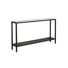 a black console table with glass top and shelf on the bottom, against a white background