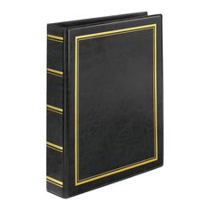 a black binder with gold trimmings on the front and bottom, against a white background