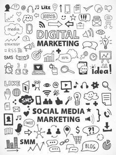 the words social media are drawn in black ink on white paper with various icons and symbols