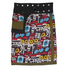 Abstract Art Multicolor Wrap Skirt with Black Snap Button Waist Belt and Pocket Black Asymmetrical Belted Skirt, Black Belted Asymmetrical Skirt, Black Relaxed Skirt With Belt Loops, Black Asymmetrical Skirt With Belt Loops, Black Cotton Wrap Skirt For Summer, Boho Wrap Skirt, Short Black Skirt, Button Skirt, Wrap Around Skirt