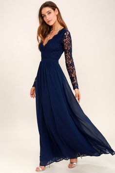 Awaken My Love Navy Blue Long Sleeve Lace Maxi Dress Long Sleeve Lace Maxi Dress, Navy Blue Formal Dress, Navy Blue Bridesmaid Dresses, Marine Uniform, Long Blue Dress, 파티 드레스, Long Sleeve Prom, Blue Dress Formal, Long Sleeve Dress Formal