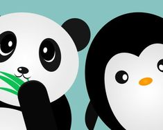 two panda bears are eating bamboo leaves in front of each other on a blue background