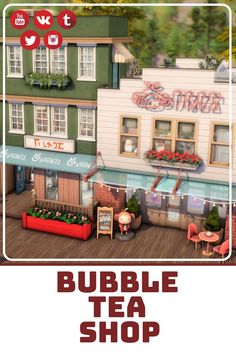 an animated image of a building with the words bubble tea shop on it