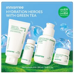 Green Tea hydration to the rescue! This set packs all the barrier-boosting, hyaluronic acid-infused skin essentials: cleanser, toner, serum & cream.Skin Type: Normal, Dry, Combination, and OilySkincare Concerns: Dryness, Dullness, and Uneven TextureHighlighted Ingredients:- Green Tea Water and Nanocapsulized Hyaluronic Acid (Green Tea Hyaluronic Acid Hydrating Serum): Deliver higher levels of hydration than hyaluronic acid alone.- Green Tea-Derived Enzyme (Green Tea Enzyme PHA Toner): Gently exf Pha Toner, Innisfree Green Tea, Serum Cream, Skin Essentials, Hyaluronic Acid Serum, Hydrating Serum, How To Exfoliate Skin, To The Rescue, Facial Cleansing