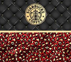 the starbucks coffee logo is shown in gold on red and black leopard - print fabric