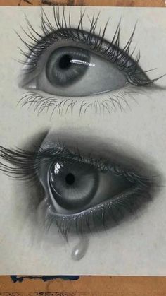 two drawings of an eye with long lashes and water drops on the bottom one is drawn in pencil