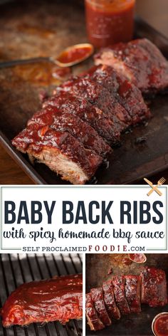 baby back ribs with spicy homemade bbq sauce on the grill and in front of them