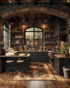 a large kitchen with an arched ceiling and wooden flooring is pictured in this image