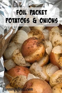 foil packet potatoes and onions with text overlay