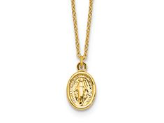 14K yellow gold polished miraculous medal pendant necklace with spring ring clasp. Cable chain measures approximately 17"L x 1/16"W + 1" extension, pendant measures 7/16"L x 1/4"W. Yellow Gold Miraculous Medal Oval Pendant Necklace, Yellow Gold Oval Pendant Necklace With Miraculous Medal, Yellow Gold Necklace With Miraculous Medal Round Pendant, Yellow Gold Necklace With Miraculous Medal, Yellow Gold Round Miraculous Medal Jewelry, Yellow Gold Miraculous Medal Jewelry, Oval Miraculous Medal In Yellow Gold Jewelry, Oval Miraculous Medal Yellow Gold Jewelry, Yellow Gold Oval Miraculous Medal Jewelry