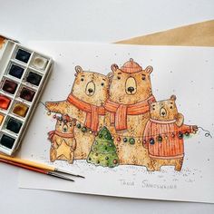 a drawing of three bears wearing sweaters and holding christmas trees in front of them