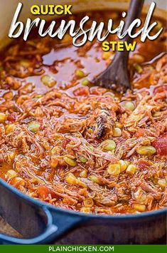 a close up of a pot of stew with the words quick brunch stew