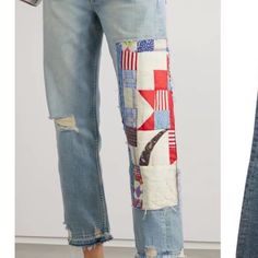 two pictures of jeans with patches on them