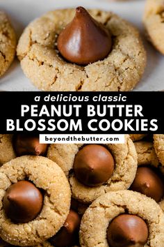 These Classic Peanut Butter Blossoms are soft and chewy peanut butter cookies with a sugary, crackled top and finished with a milk chocolate kiss! They're the perfect go-to cookie for the holiday season or any time of the year! Find the full printable recipe on BeyondtheButter.com. Peanut Butter Blossom, Peanut Butter Kiss Cookies, Peanut Butter Dessert Recipes, Chocolate Peanut Butter Desserts, Chocolate Peanut Butter Cheesecake, Peanut Butter Blossom Cookies, Chewy Peanut Butter Cookies, Blossom Cookies, Peanut Butter Blossoms