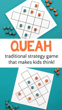 an orange and white board game with the words queah on it, surrounded by pieces of paper