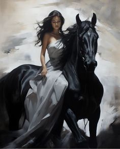 a painting of a woman riding on the back of a black horse in white dress