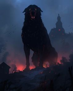 a large black dog standing on top of a field next to a fire filled forest