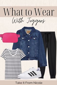 How to wear Joggers Outfit with Denim jacket stripe tee pink belt bag and adidas sneakers. jogger outfits women. casual outfit ideas. what to wear with joggers. cute mom outfit. black joggers outfit. how to style black joggers. Outfit With Denim Jacket, Pink Belt Bag, Joggers Outfit Women