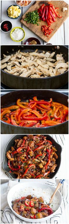 different types of food are being cooked in pans