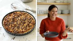 a woman holding a pie in her right hand and an image of a pie on the left