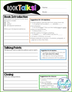 a book talk sheet with text and pictures on the page, which includes information about books