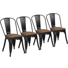 four black metal chairs with wooden seat cushions