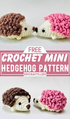 three crocheted hedges with the text free crochet mini hedgehog pattern