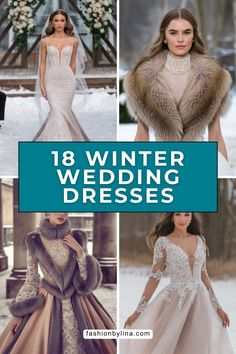 winter wedding dresses with fur stoles on the shoulders and long sleeves, in different styles