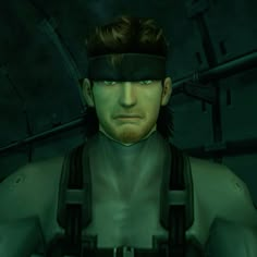 an animated man with a blindfolded head and green eyes in a video game