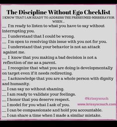 a pink and black photo with the words, the discipline without ego checklist