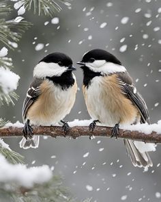 two birds are sitting on a branch in the snow, one is black and white