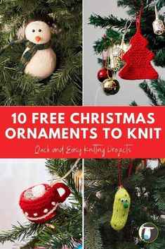 christmas ornaments are hanging on the tree with text overlay that reads 10 free christmas ornaments to knit